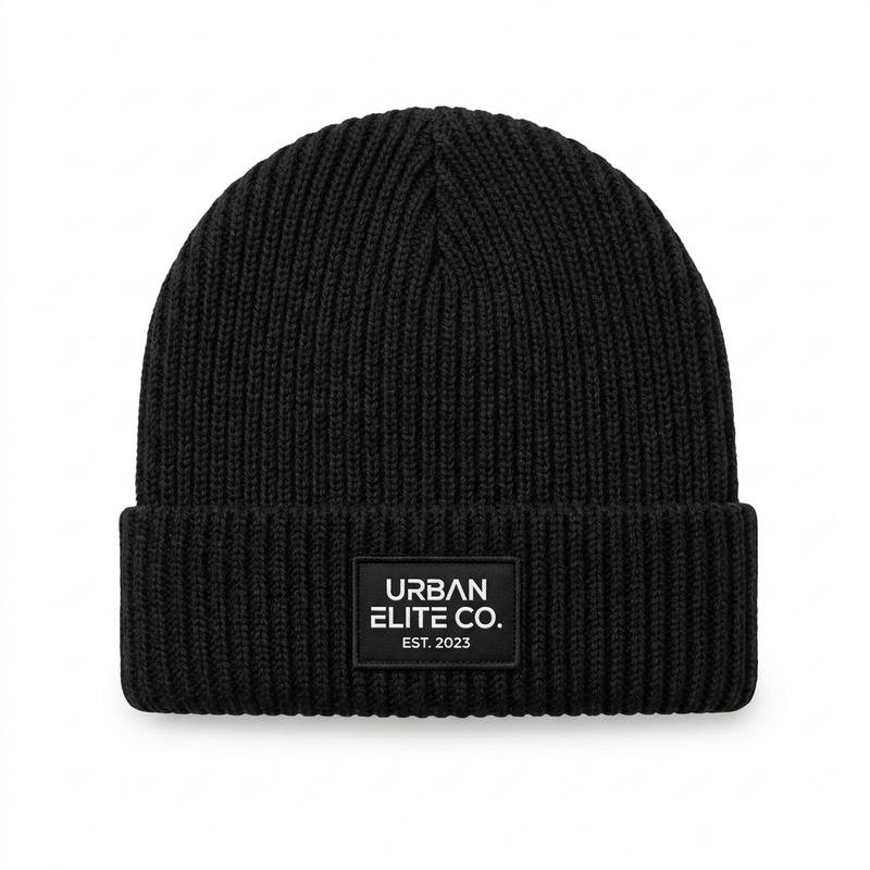 Gorro tipo beanie tejido de color negro sólido, fotografía de producto para e-co