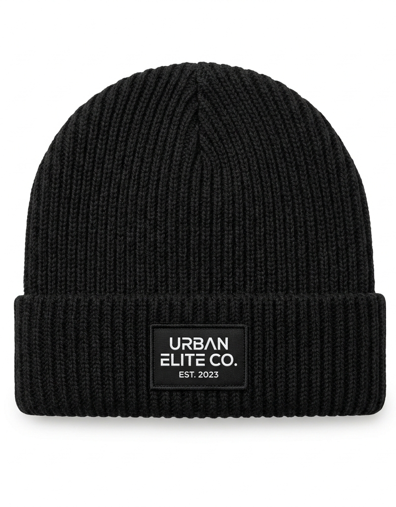 Gorro tipo beanie tejido de color negro sólido, fotografía de producto para e-co