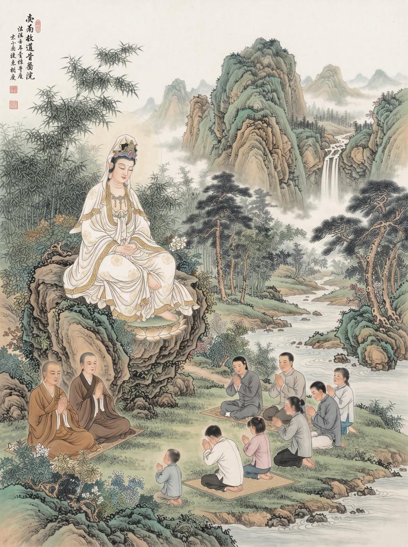 這是一幅傳統中國工筆畫風格的佛教主題繪畫。觀世音菩薩端坐在巨大的岩石上，位於畫面左側，身穿白色鑲金色花邊的飄逸長袍，有著如雲朵般柔和的紋理。頭戴頭巾及華麗的頭飾