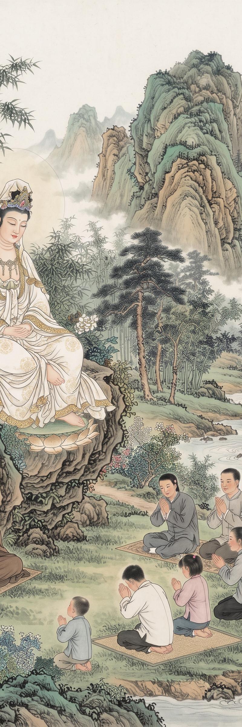這是一幅傳統中國工筆畫風格的佛教主題繪畫。觀世音菩薩端坐在巨大的岩石上，位於畫面左側，身穿白色鑲金色花邊的飄逸長袍，有著如雲朵般柔和的紋理。頭戴頭巾及華麗的頭飾