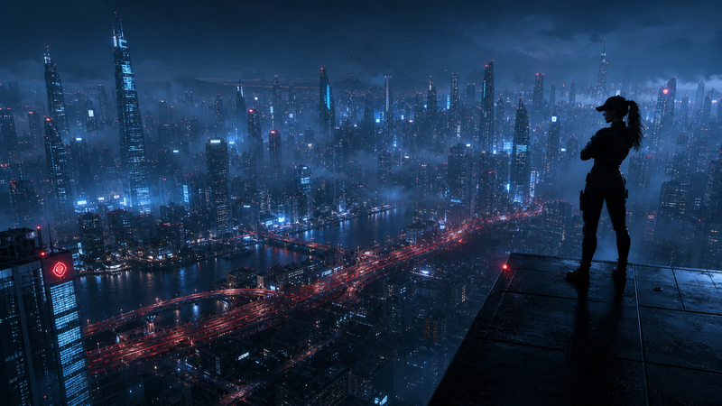 Cinematic 3D realistic sci-fi cyberpunk night scene CG style, high-angle extreme