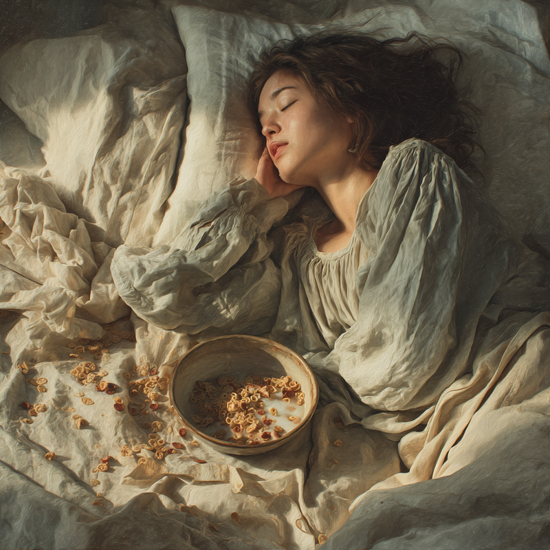 A realistic asian girl lying on her side in a messy bed, dressed in a long, ligh