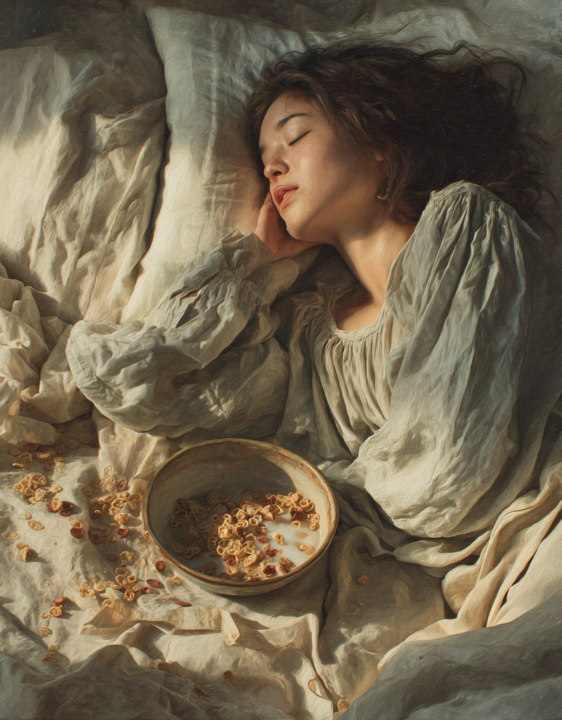 A realistic asian girl lying on her side in a messy bed, dressed in a long, ligh
