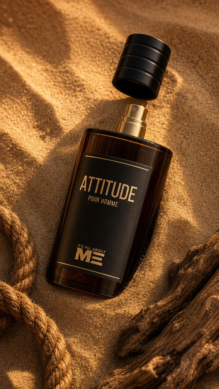 "A premium luxury men's perfume bottle lying diagonally on fine golden desert sa