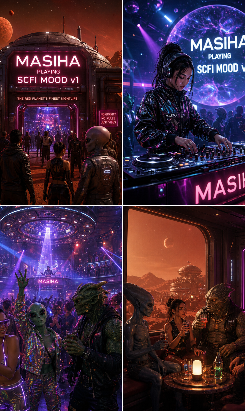 I will generate 4 images of a sci-fi nightclub on Mars featuring a mix of humans