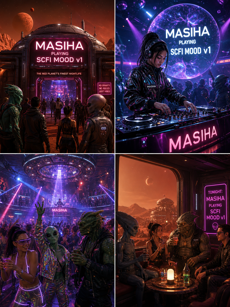 I will generate 4 images of a sci-fi nightclub on Mars featuring a mix of humans