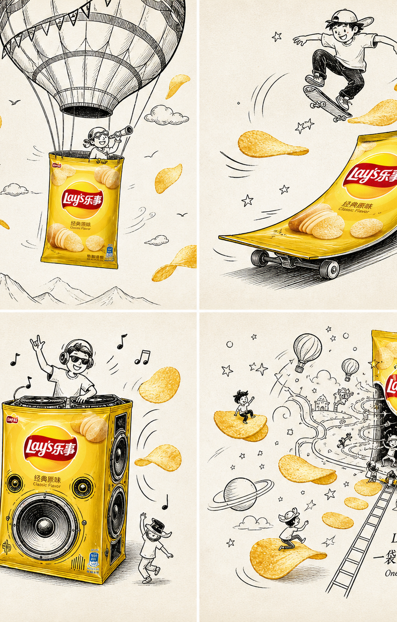Create a premium 2x2 grid advertising artwork for Lay’s potato chips, one single
