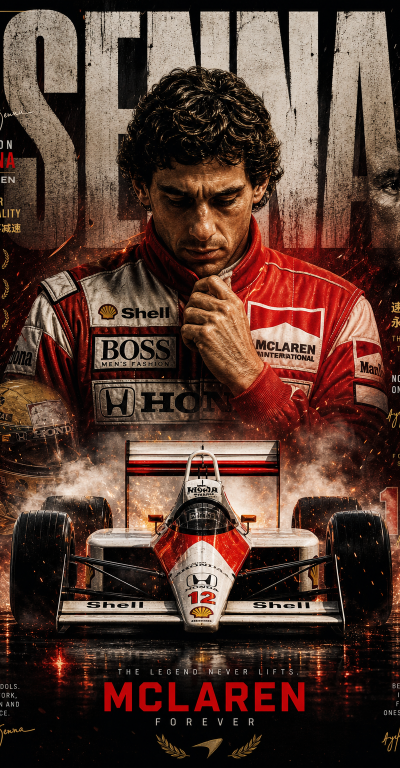 Create an ultra-premium motorsport propaganda-style poster for McLaren, featurin