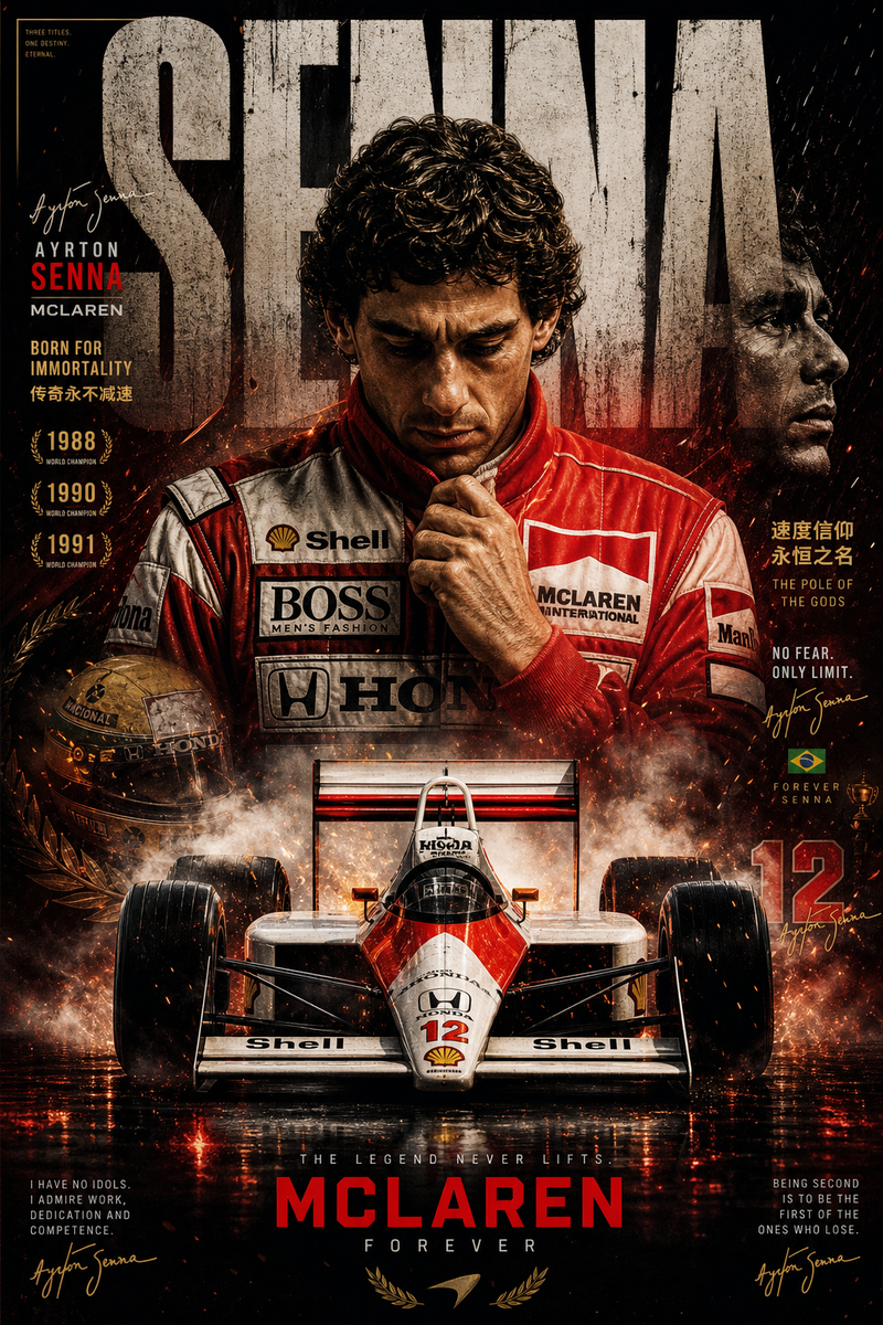 Create an ultra-premium motorsport propaganda-style poster for McLaren, featurin