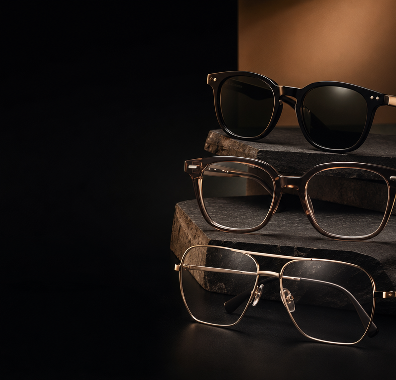 Luxury optical store website hero image, premium eyewear advertising campaign fo