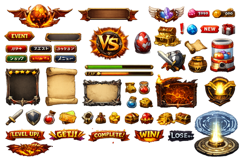 ドラゴンエッグ用ゲームアプリUI素材セットシート 背景透明