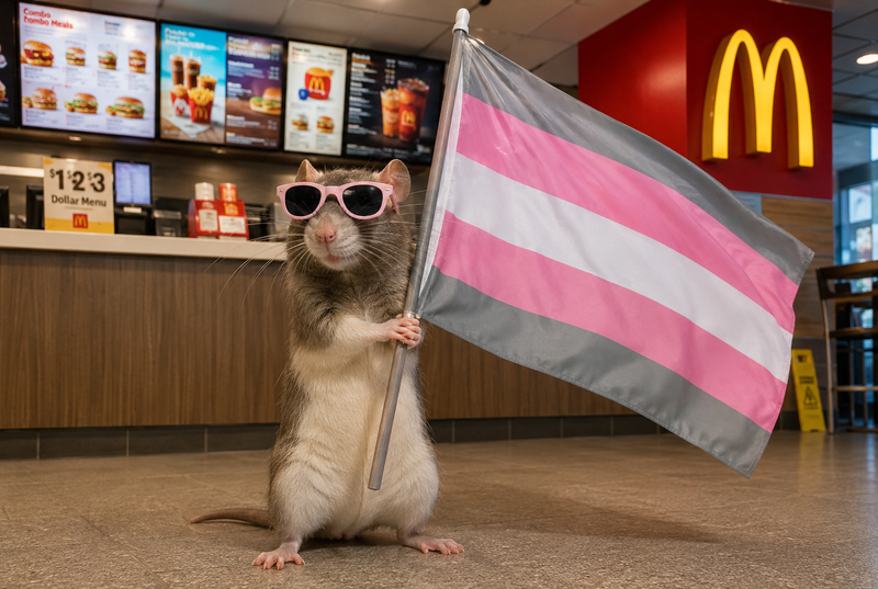 Make me a photo of a rat wearing sunglasses in a McDonald’s holding a big demigi