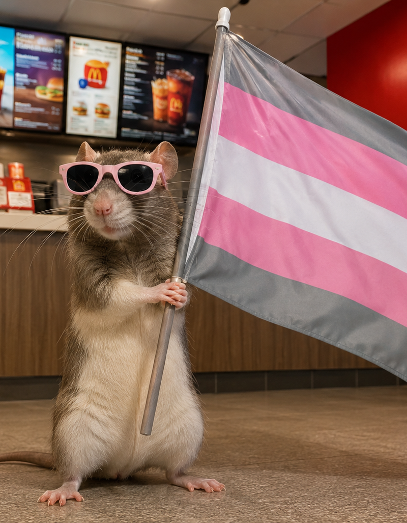 Make me a photo of a rat wearing sunglasses in a McDonald’s holding a big demigi