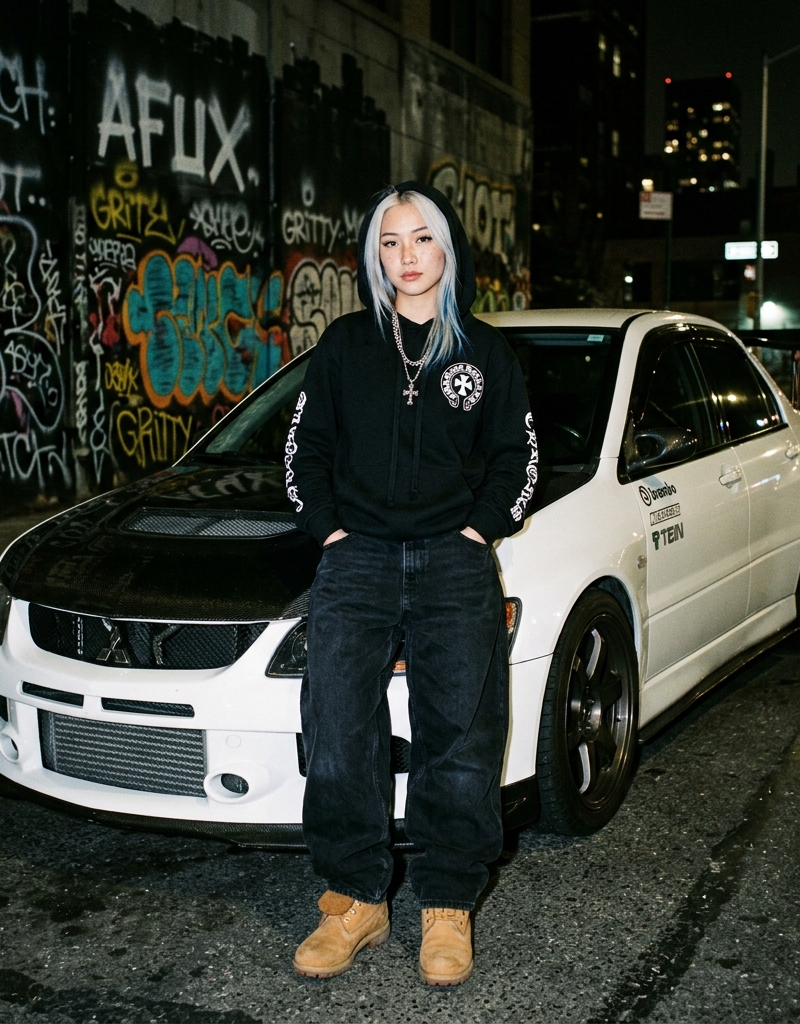 A realistic, candid full body photo of a young asian woman, White hair with blue