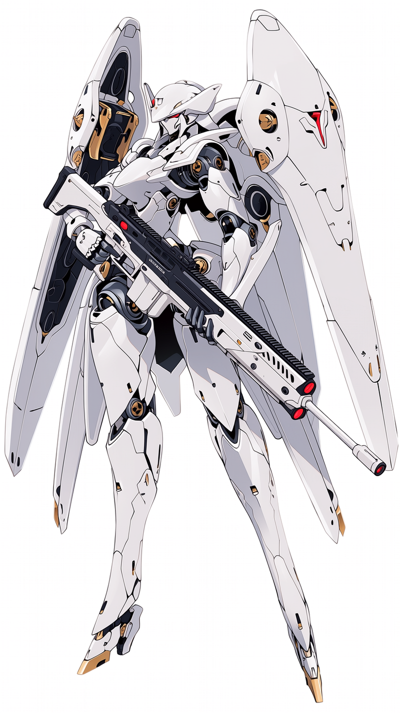 超高精細な全身メカコンセプトアート。エレガントで高級感のある白い女性型テンプラー風メカ騎士。上品なアニメ調メカデザイン、優美で細身の高貴なシルエット、極端に長い