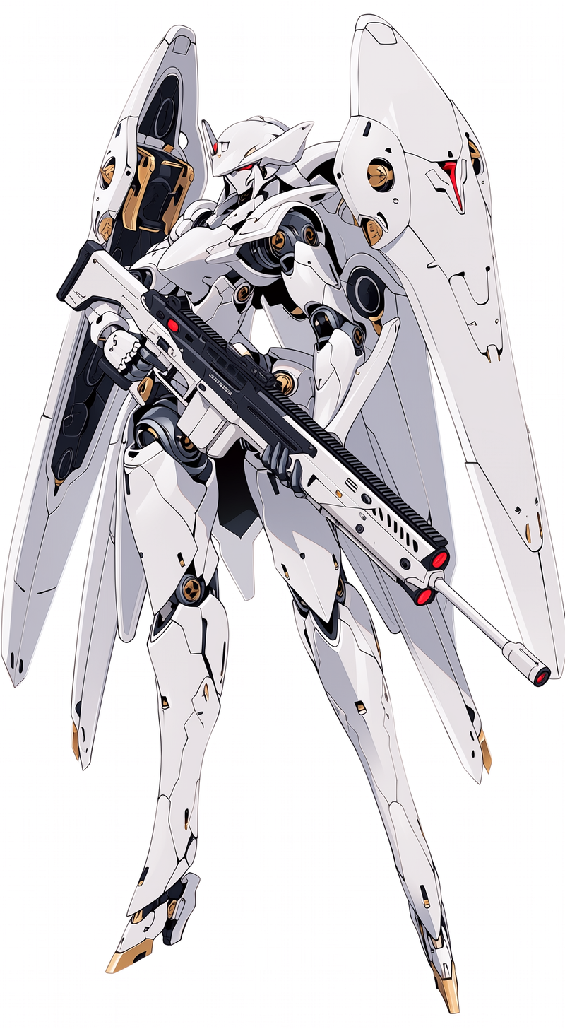 超高精細な全身メカコンセプトアート。エレガントで高級感のある白い女性型テンプラー風メカ騎士。上品なアニメ調メカデザイン、優美で細身の高貴なシルエット、極端に長い