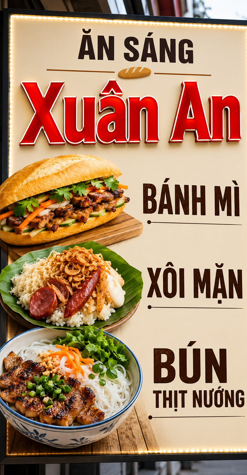 Thiết kế biển quảng cáo ăn sáng các món Bánh Mì, Xôi mặn, Bún Thịt Nướng tên cửa
