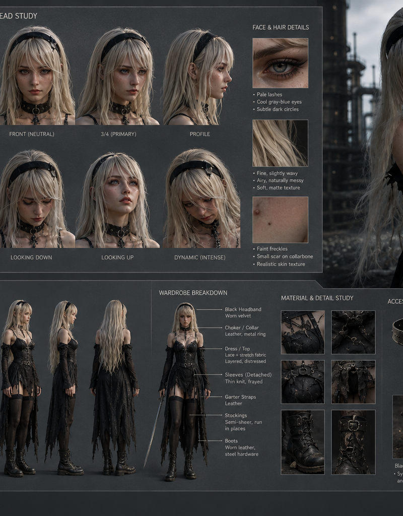 Create a cinematic, film-production-grade character design sheet for a director,
