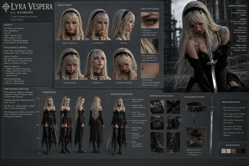Create a cinematic, film-production-grade character design sheet for a director,