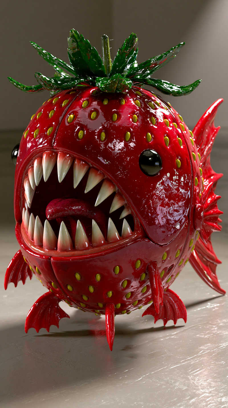 glossy 3D toy render of a giant shiny strawberry with a toothy piranha mouth, ag