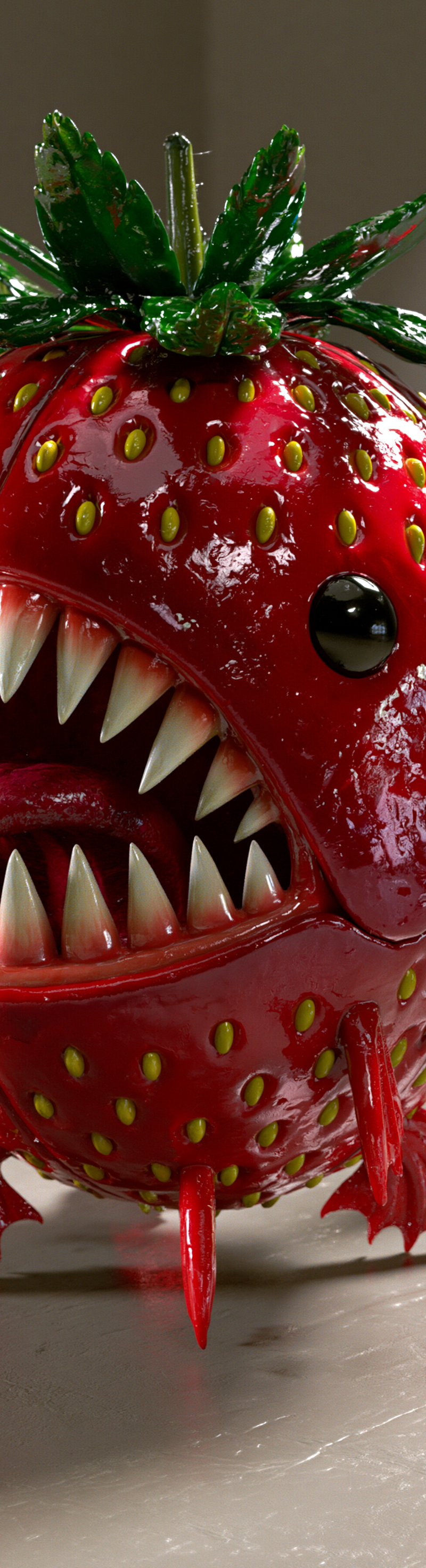 glossy 3D toy render of a giant shiny strawberry with a toothy piranha mouth, ag