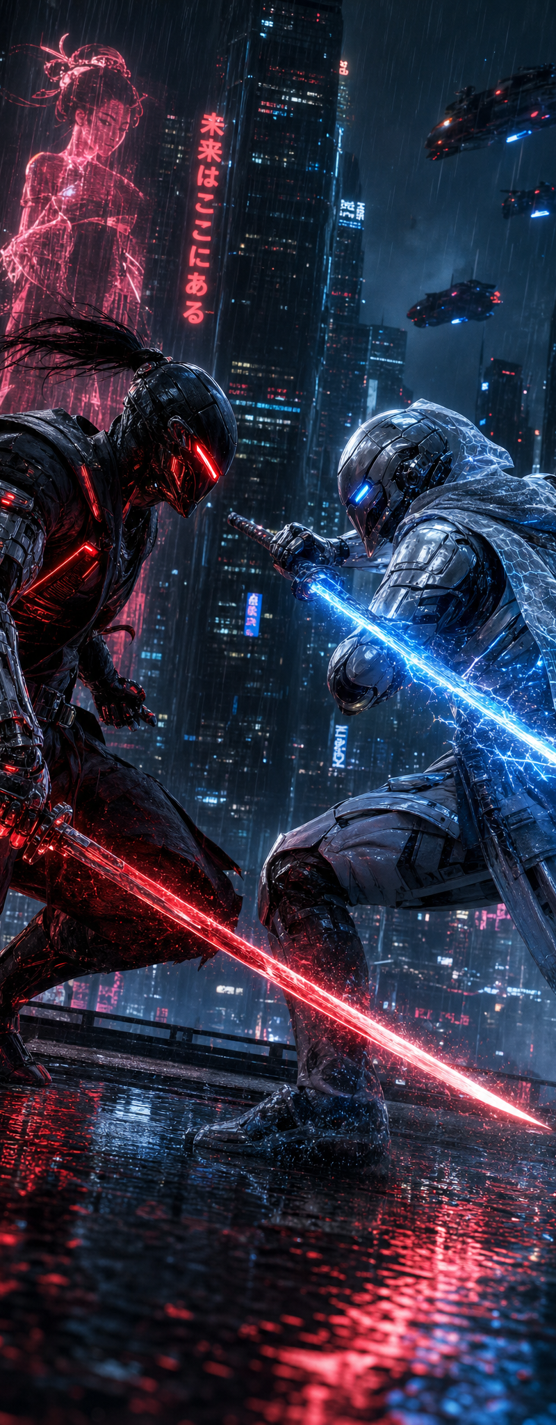 Two cyberpunk ninja warriors facing each other in an intense futuristic battle s