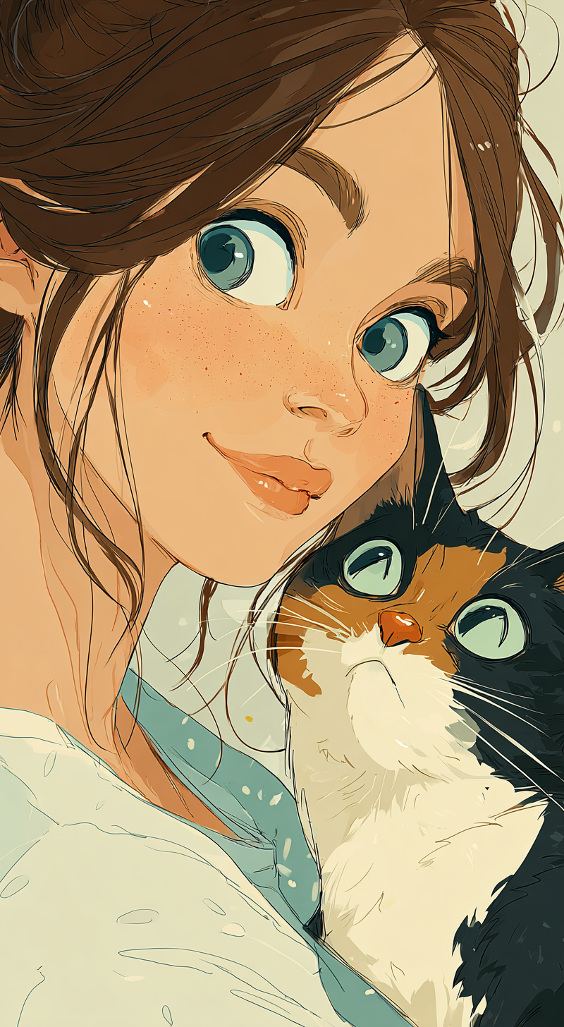 A cute girl and a cat, with beautiful eyes, in an adorable art illustration styl