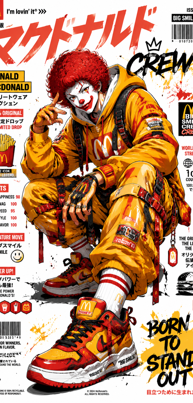Ultra-detailed anime commercial poster featuring an iconic fast-food mascot reim