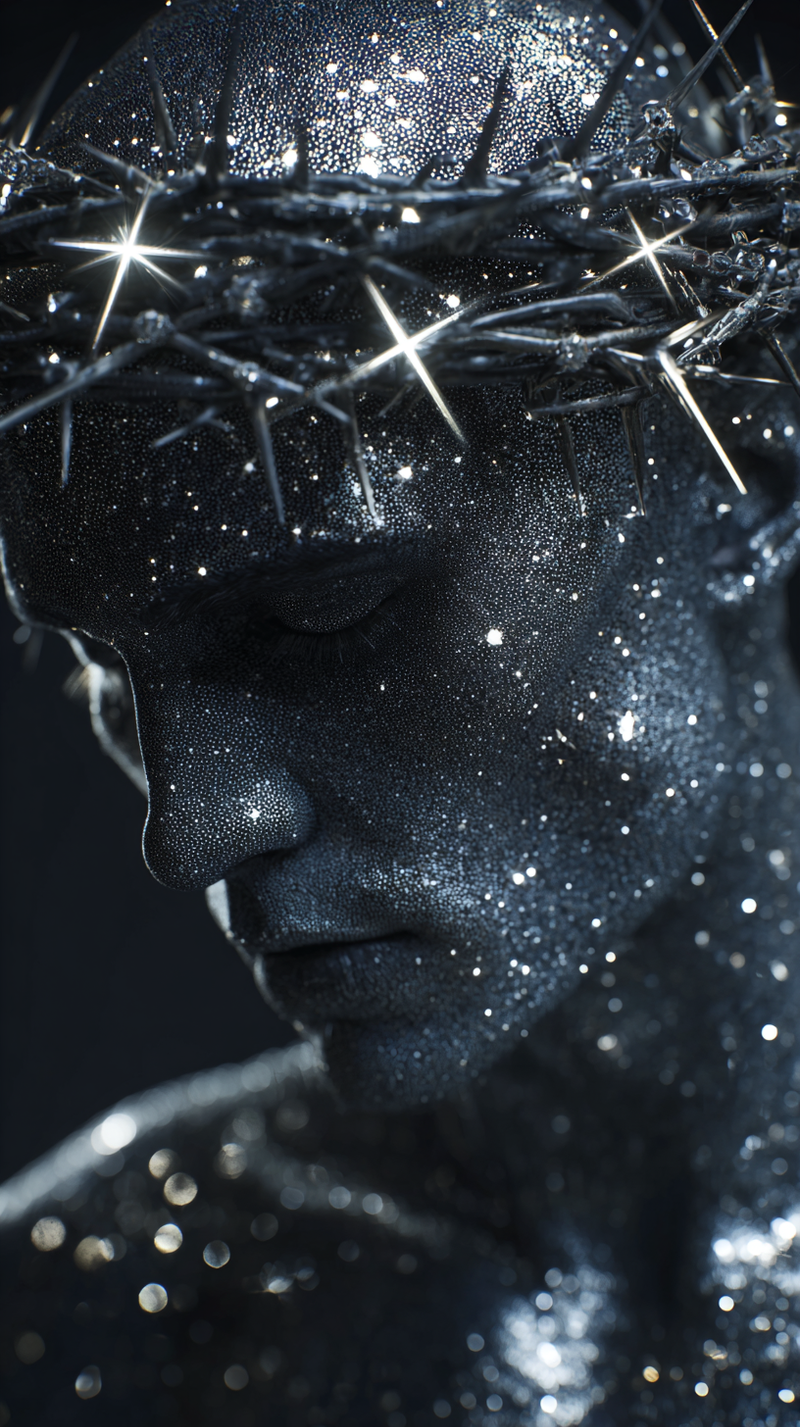 In a background in outer space, surrounded only by bright stars, a male figure w