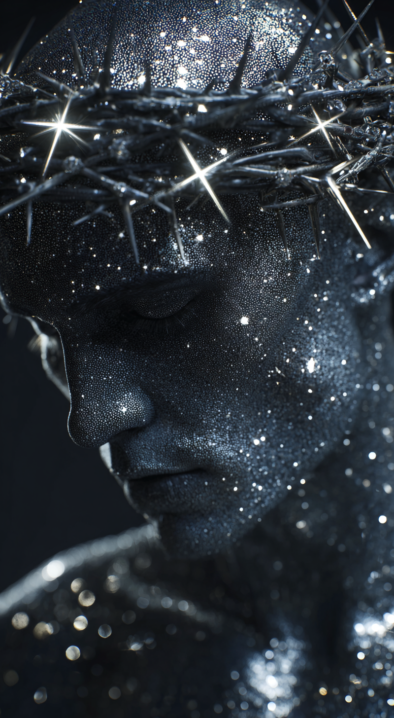 In a background in outer space, surrounded only by bright stars, a male figure w