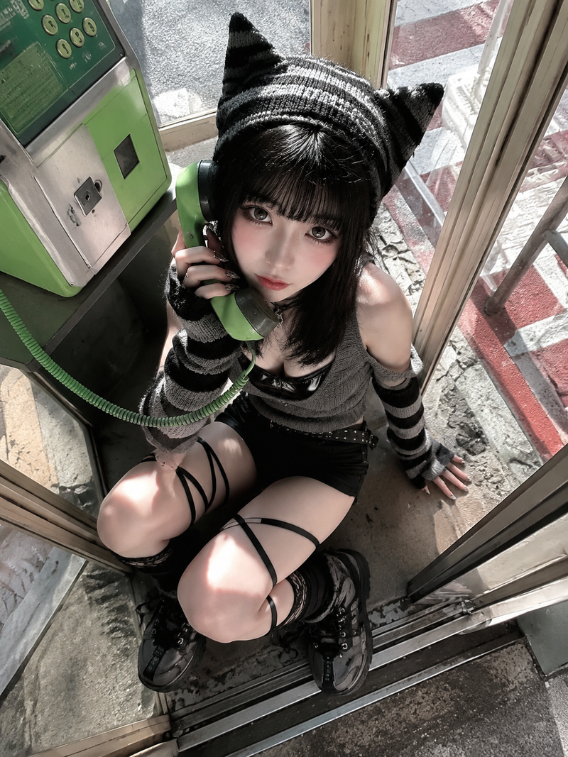 { "subject": { "description": "A young adult woman crouching inside a retro publ