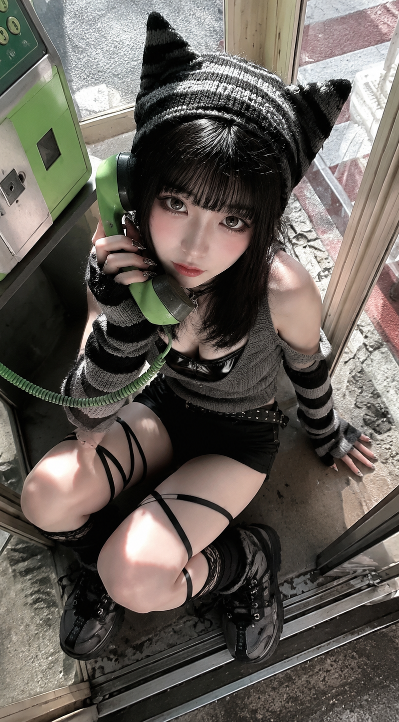 { "subject": { "description": "A young adult woman crouching inside a retro publ