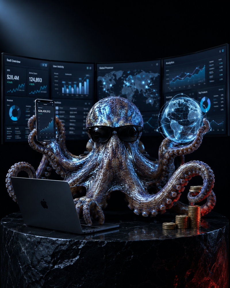 Hyperrealistic studio photograph of a majestic octopus with iridescent blue-grey