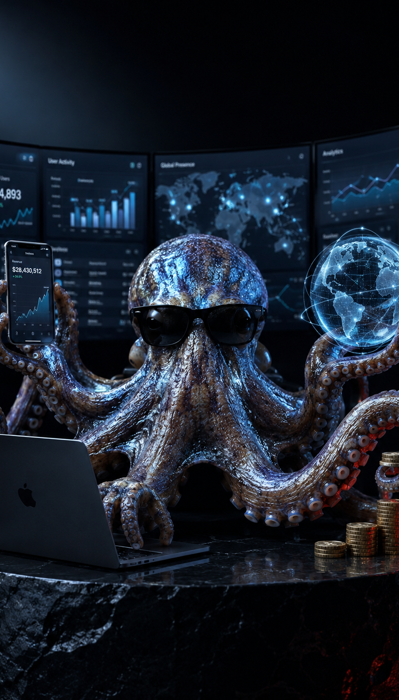 Hyperrealistic studio photograph of a majestic octopus with iridescent blue-grey