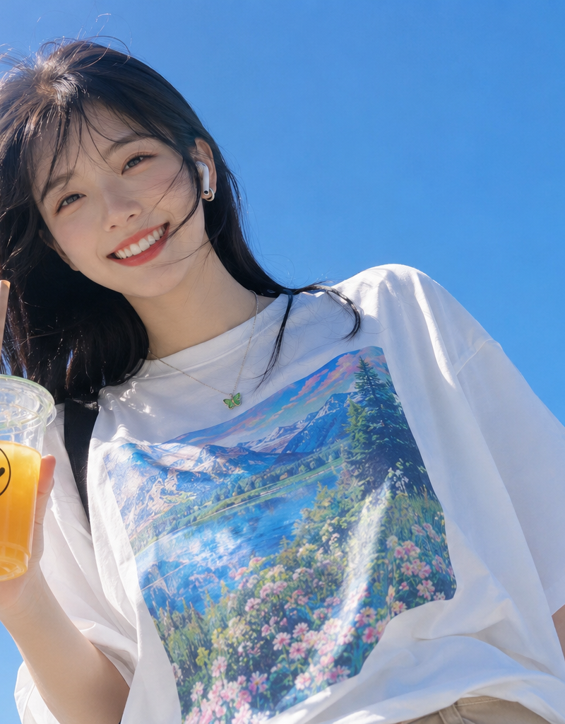 Ultra-realistic lifestyle portrait of a cheerful young woman with fair porcelain