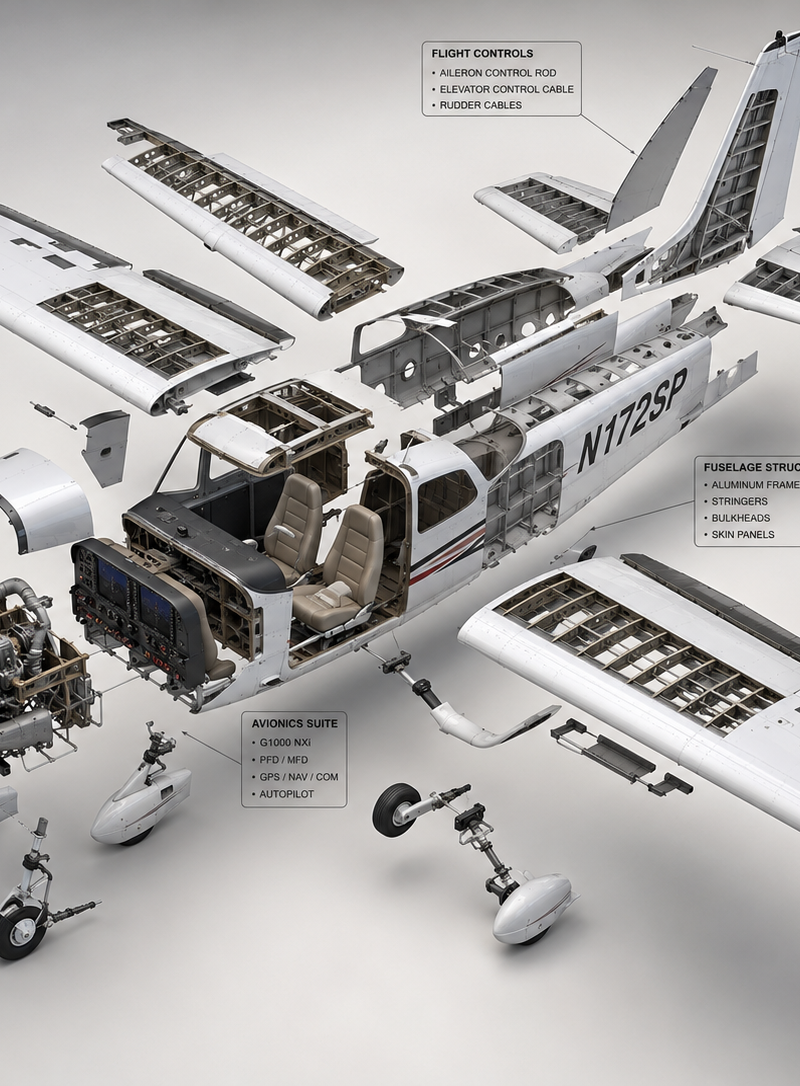 High-end 3D CAD exploded view diagram of a Cessna 172, designed for CPL pilot tr