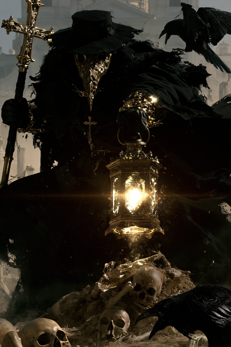 A plague doctor with a textured mask, holding a lantern and a staff with a cross