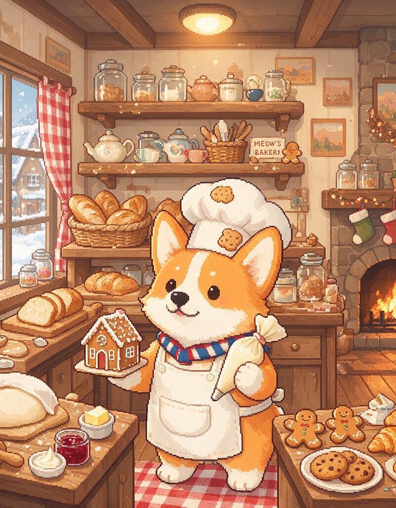 Cute pixel-art corgi-baker