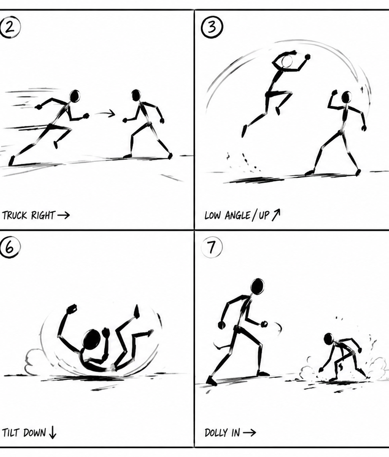 Create a director-style PREVIS action storyboard focused on 8 continuous action 