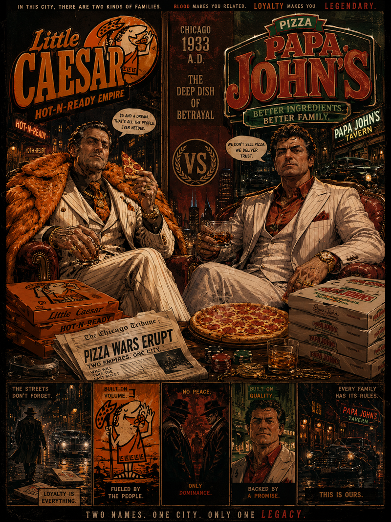 Ultra-detailed cinematic mafia-style pizza brand crossover poster, gritty 1930s 