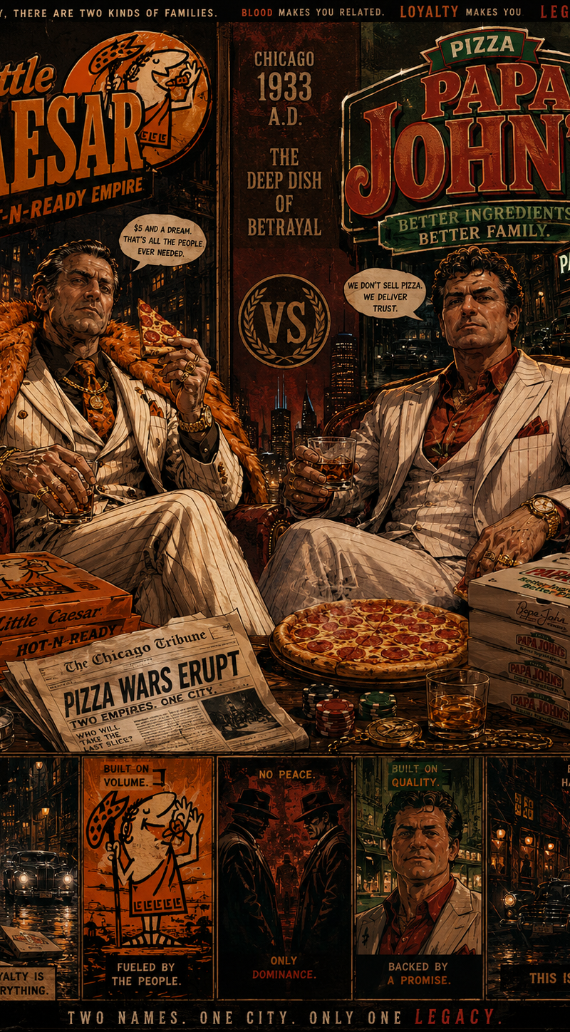 Ultra-detailed cinematic mafia-style pizza brand crossover poster, gritty 1930s 