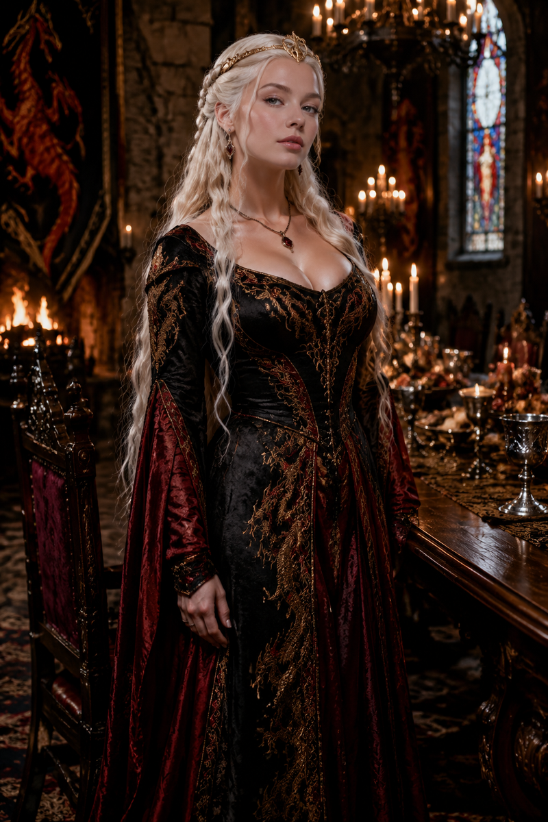 A photorealistic portrait of an adult high-fantasy queen portraying Rhaenyra Tar