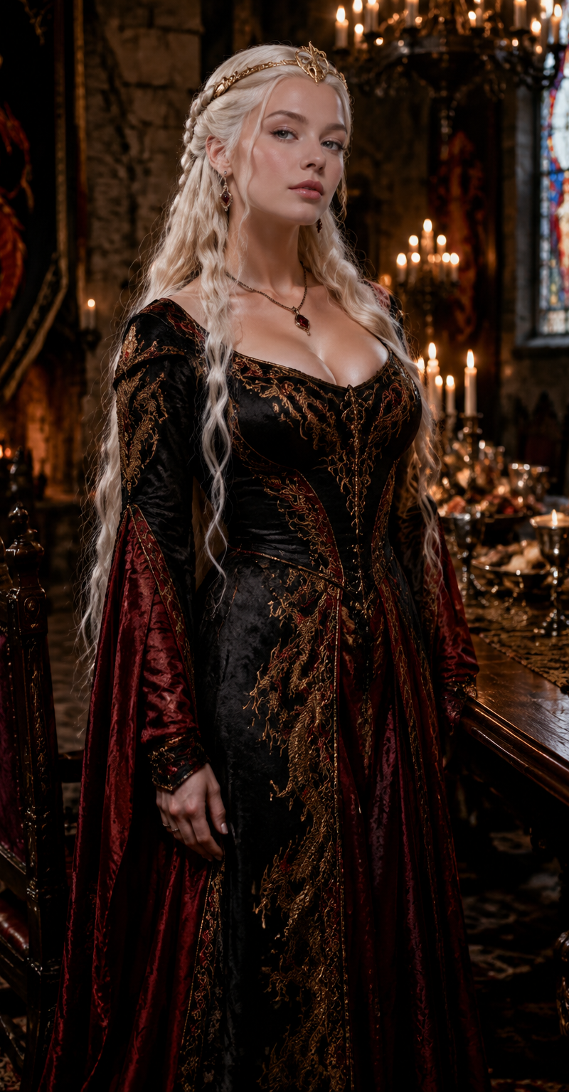 A photorealistic portrait of an adult high-fantasy queen portraying Rhaenyra Tar