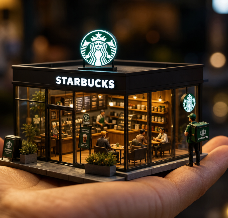 An ultra-realistic miniature [YOUR BRAND] showroom balanced on a human palm, des