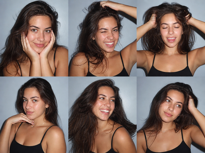 Ultra-realistic 6-photo collage (3×2 grid) of the same person using client photo