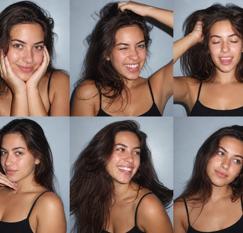Ultra-realistic 6-photo collage (3×2 grid) of the same person using client photo