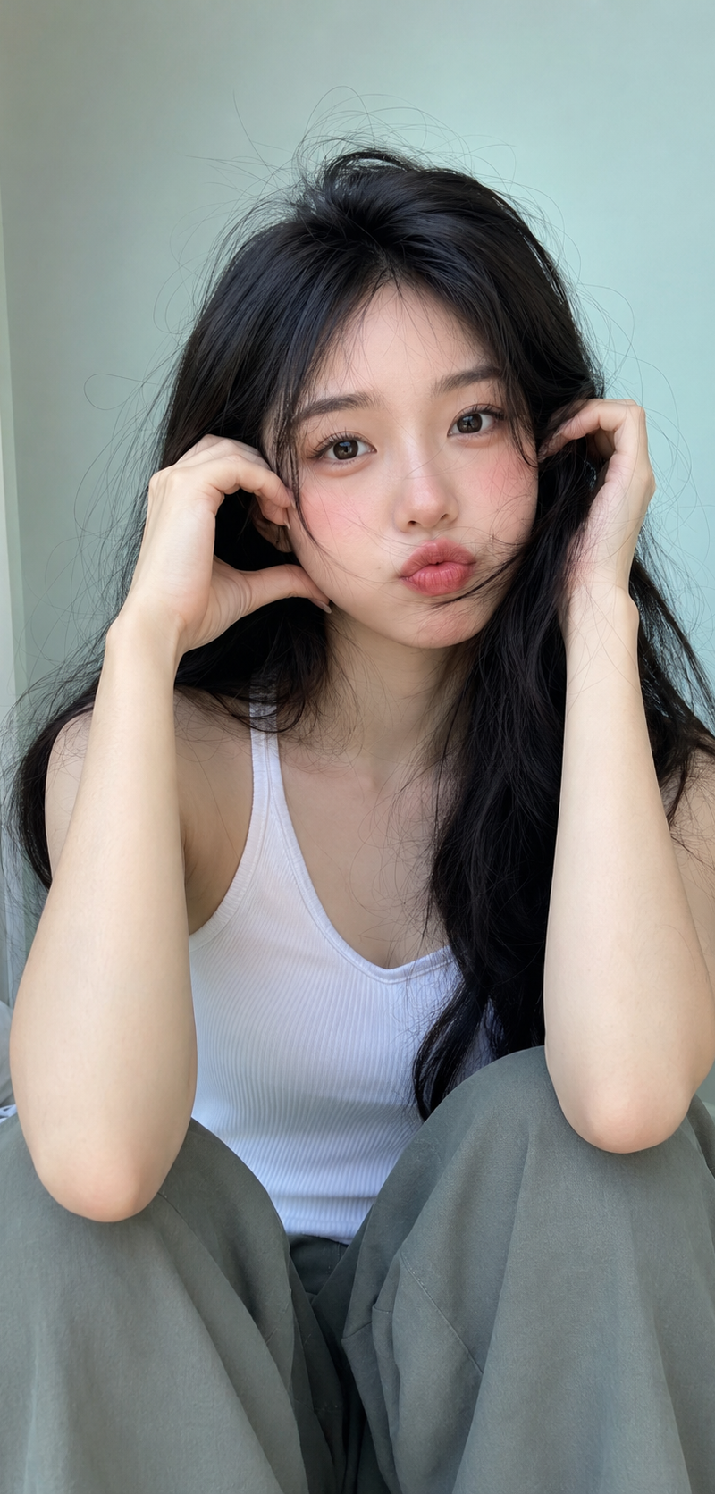 9:16, photorealistic close-up indoor portrait, soft natural window light, pale a
