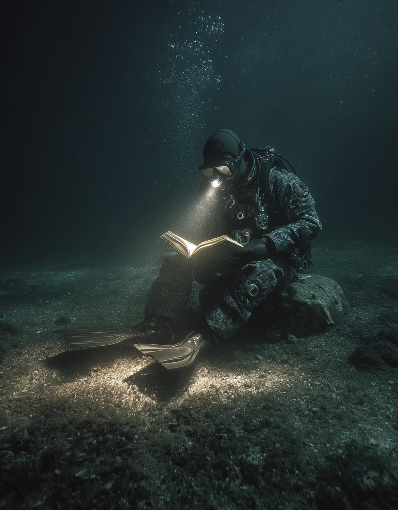 professional underwater deep-sea photography of a vintage deep-sea diver sitting