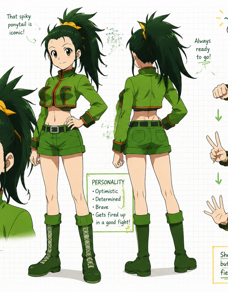 Create a wide, horizontal character reference sheet featuring genderbend Gon fro