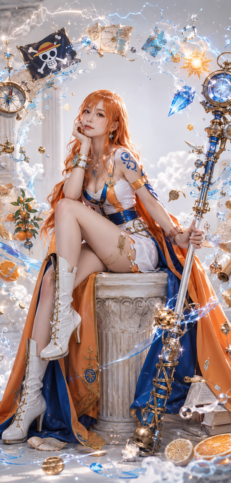 娜美 Nami（海贼王），成年角色真人 COS，真实摄影质感，高级商业摄影风格。 保留娜美核心角色识别点，包括橙色长发、棕色眼睛、成熟自信的航海士气质、草帽海贼